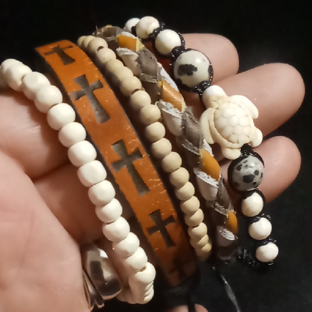 Mens Genuine Leather Wooden & Stone Beaded and Leather Bracelet Set